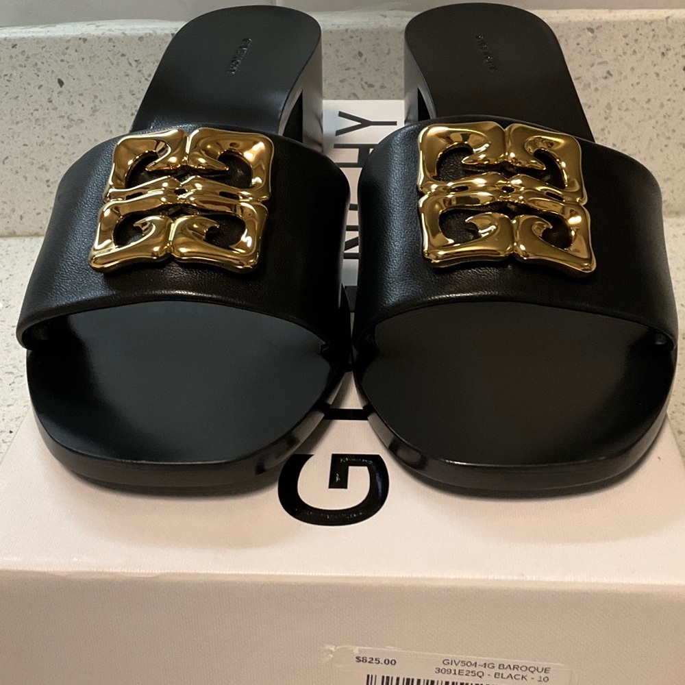 Givenchy 4G Baroque Black Slides with Gold Detailing - Picture 2 of 7